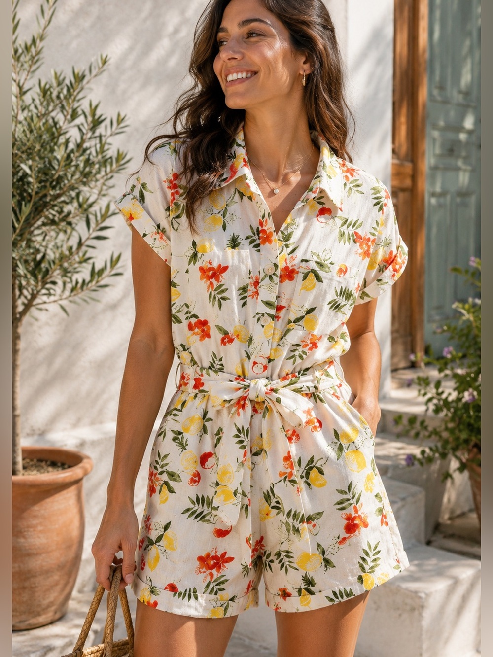 Velvet Heart Tropical Fruit Utility Romper White XS NWOT